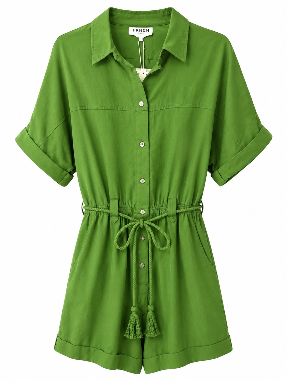 FRNCH Green Button-Front Drawstring Romper